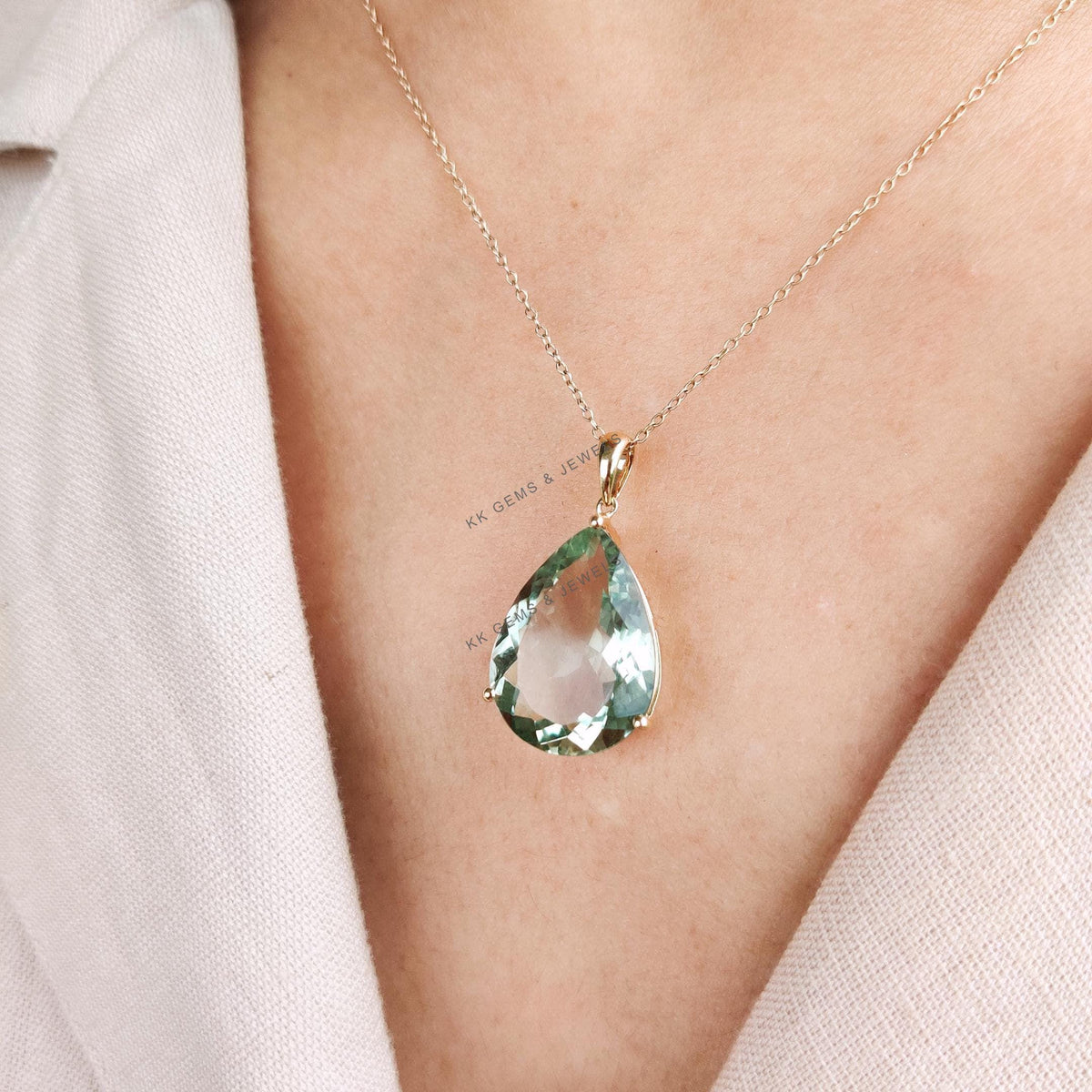Natural Green Amethyst Pendant, 14K Solid Yellow Gold, Pear Cut, February Birthstone
