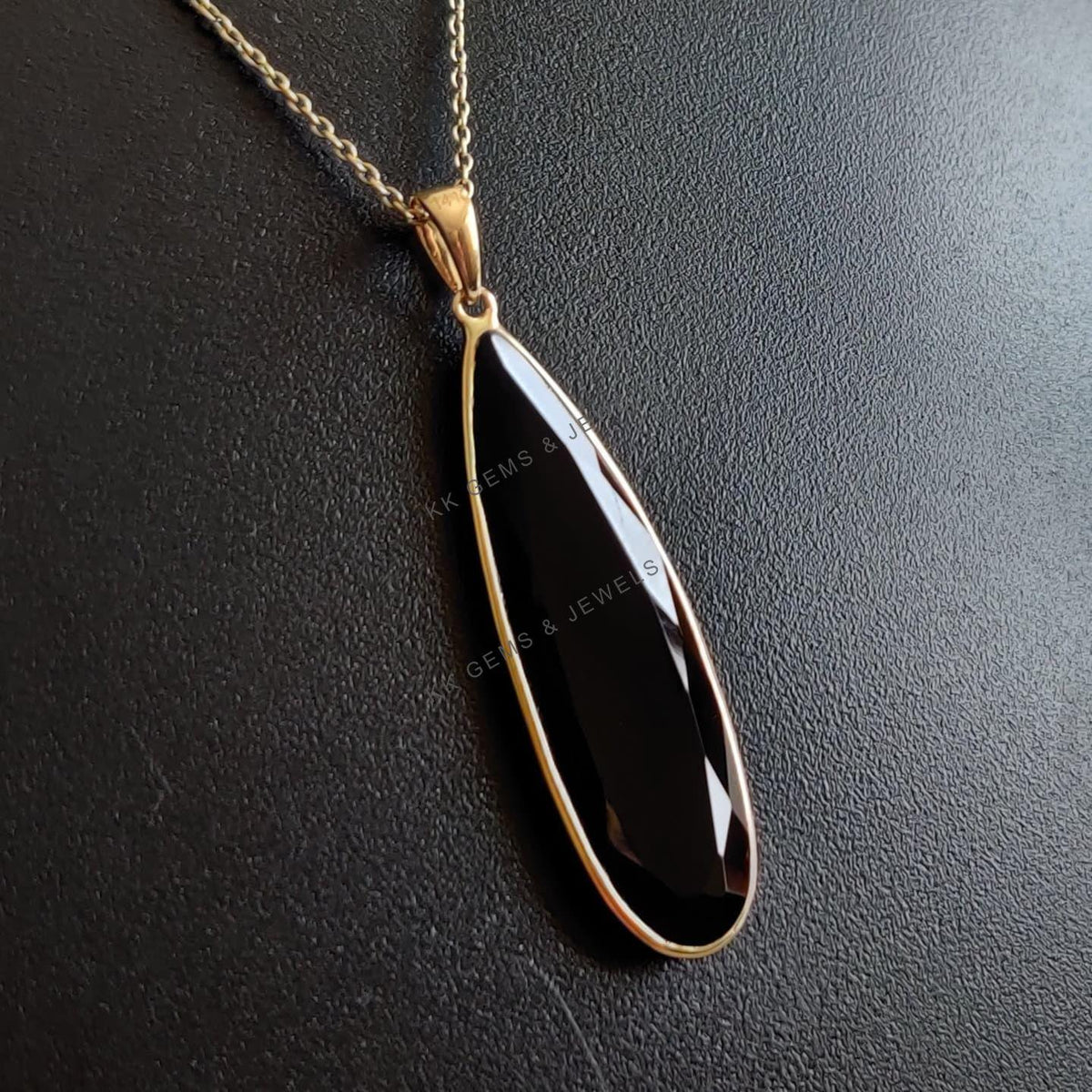 14K Solid Yellow Gold Natural Black Onyx Pear Bezel Pendant, December Birthstone