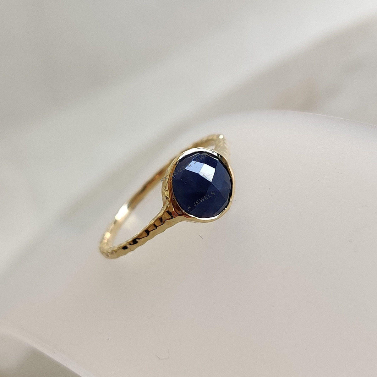 Natural Blue Sapphire Ring, 14K Solid Yellow Gold, September Birthstone