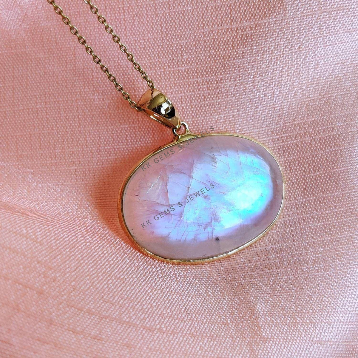 Natural Rainbow Moonstone Pendant, 14K Solid Yellow Gold, June Birthstone