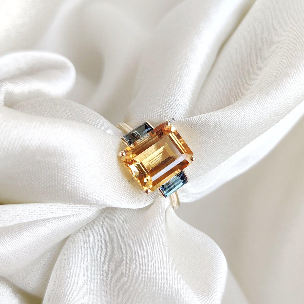 Natural Citrine & London Blue Topaz Statement Ring, 14K Solid Yellow Gold,
