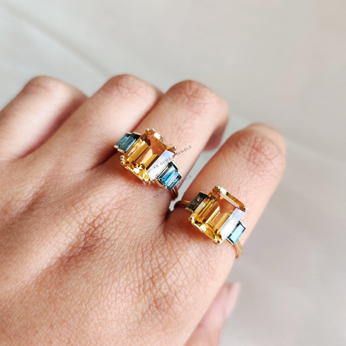 Natural Citrine & London Blue Topaz Statement Ring, 14K Solid Yellow Gold,