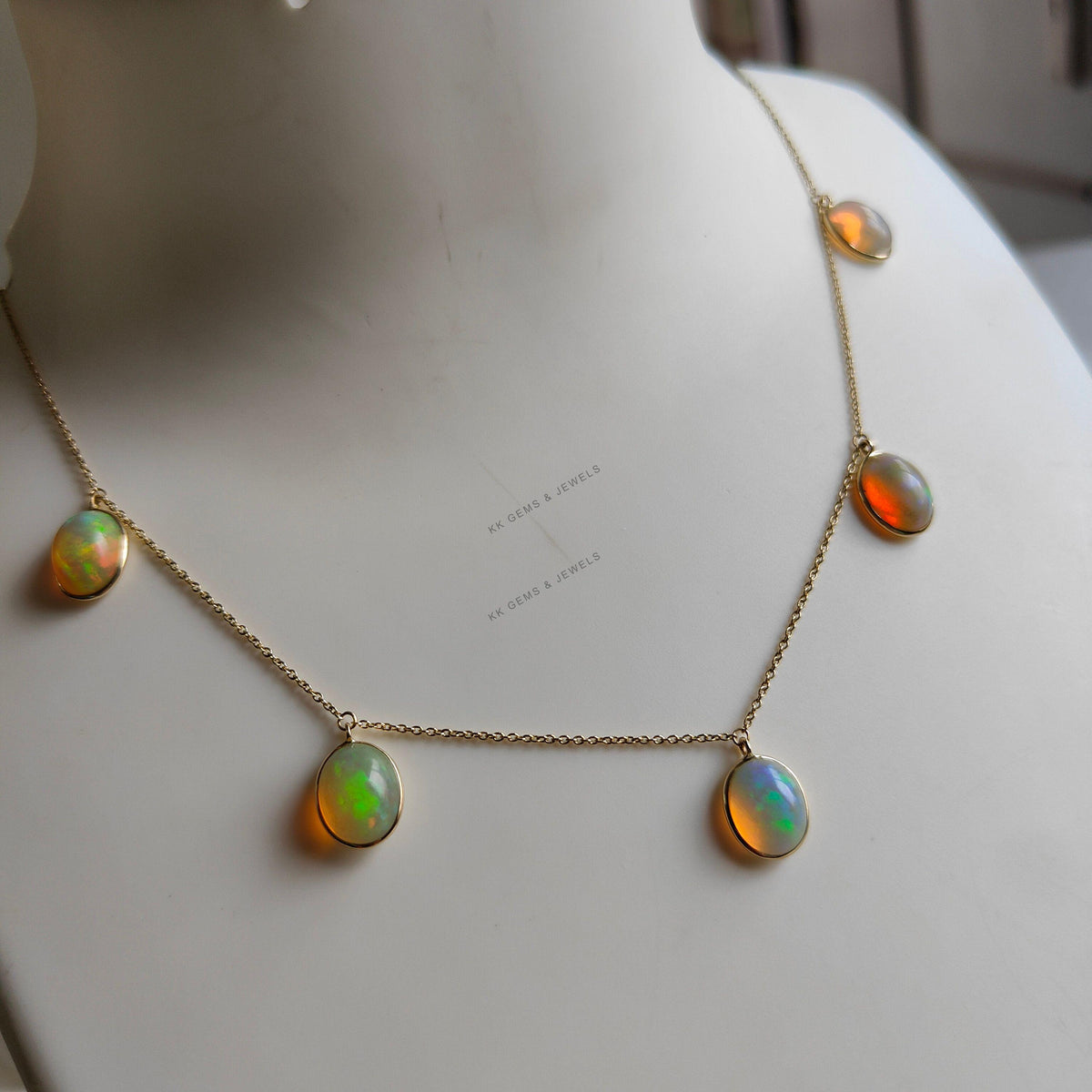 14K Solid Gold Natural Ethiopian Opal Pendant Necklace, October Birthstone