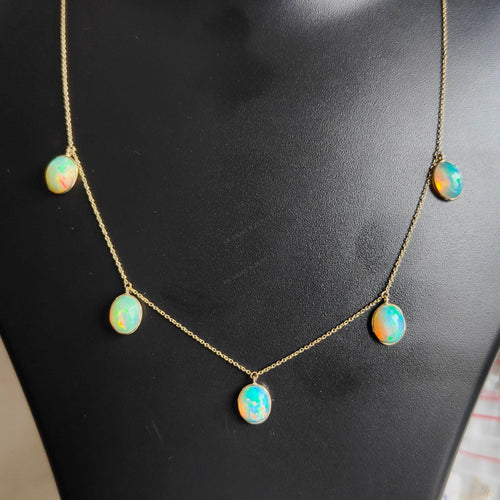 14K Solid Gold Natural Ethiopian Opal Pendant Necklace, October Birthstone