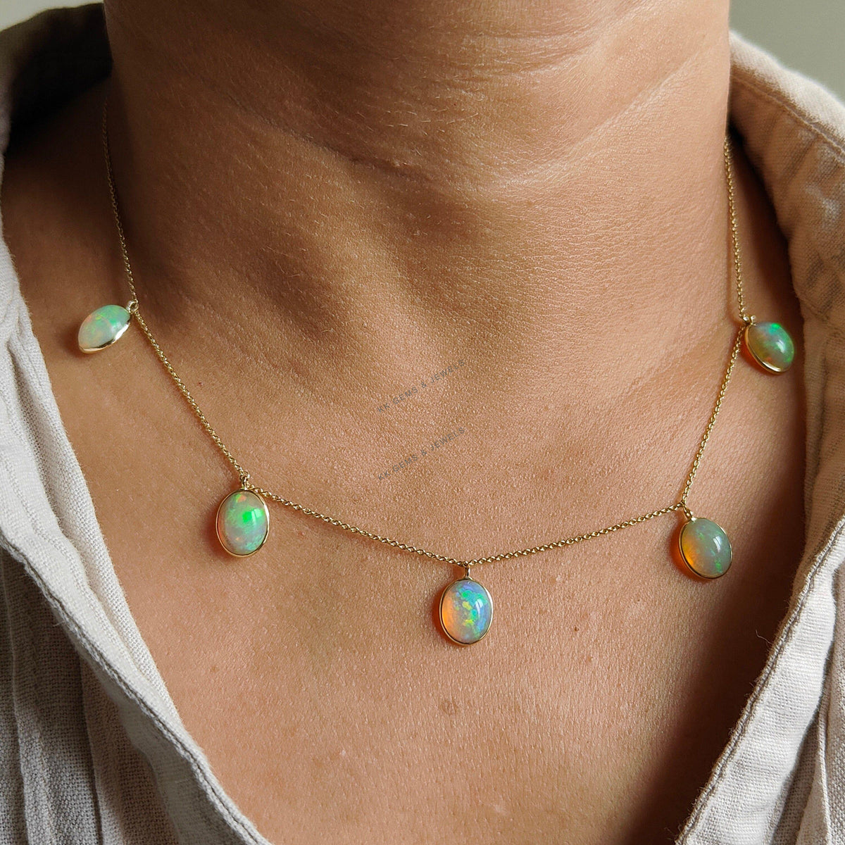 14K Solid Gold Natural Ethiopian Opal Pendant Necklace, October Birthstone