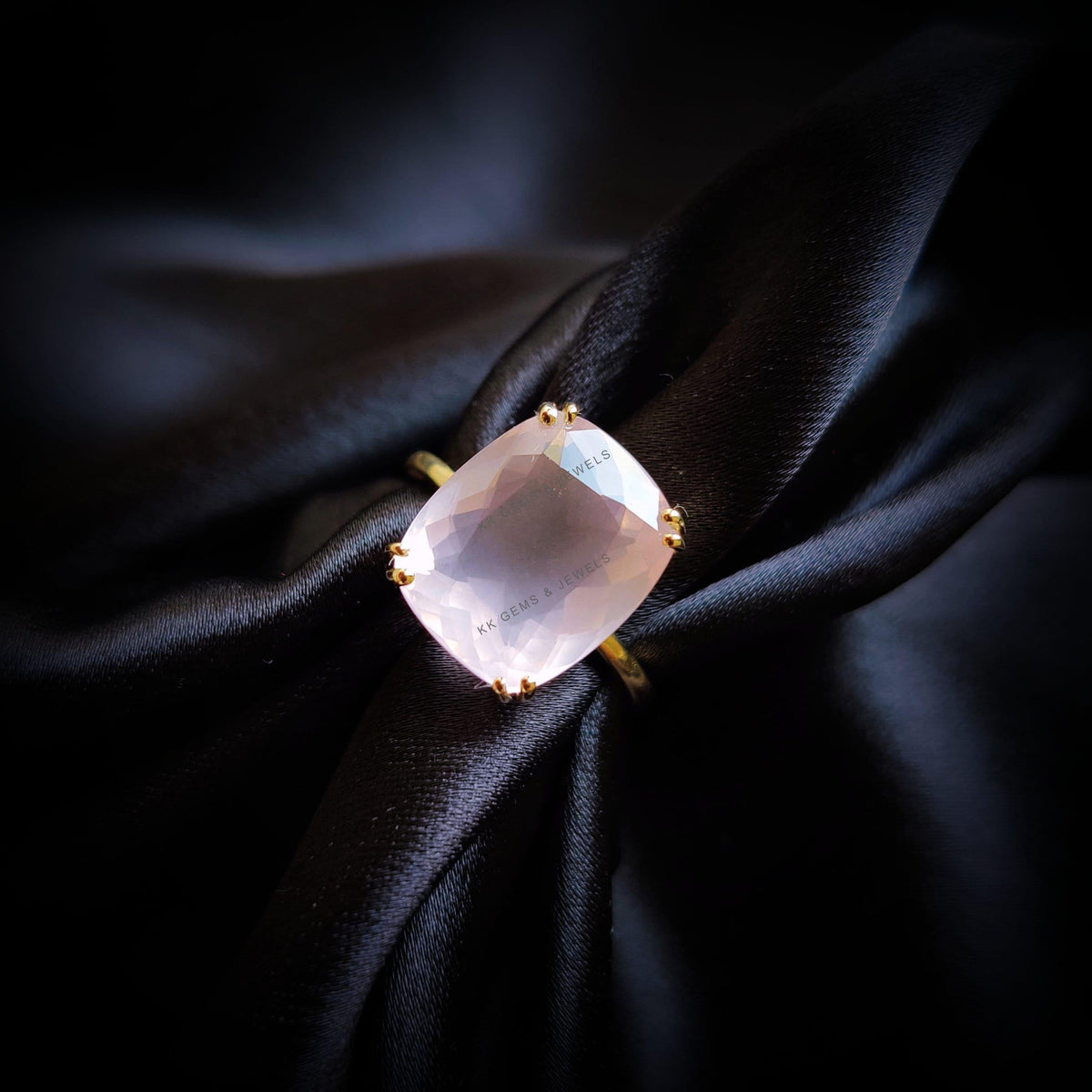 Natural Rose Quartz Ring, 14K Solid Yellow Gold, Cushion Cut Gemstone