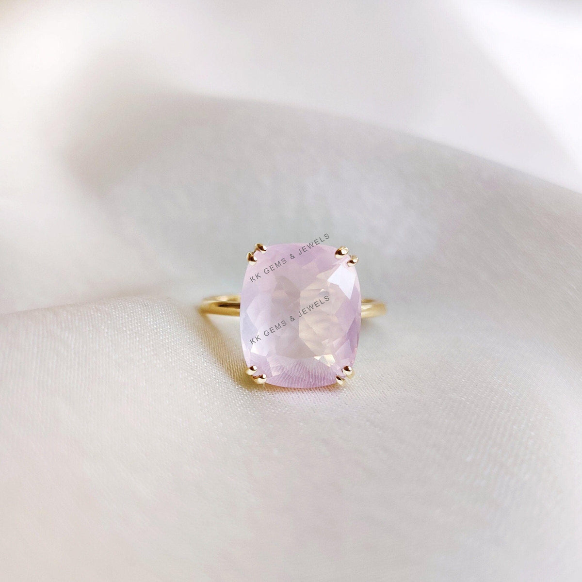 Natural Rose Quartz Ring, 14K Solid Yellow Gold, Cushion Cut Gemstone