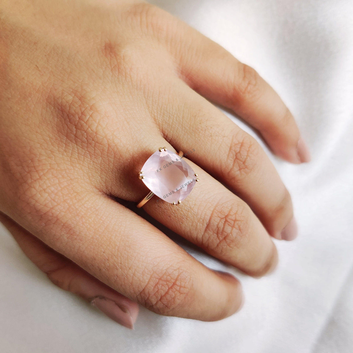 Natural Rose Quartz Ring, 14K Solid Yellow Gold, Cushion Cut Gemstone