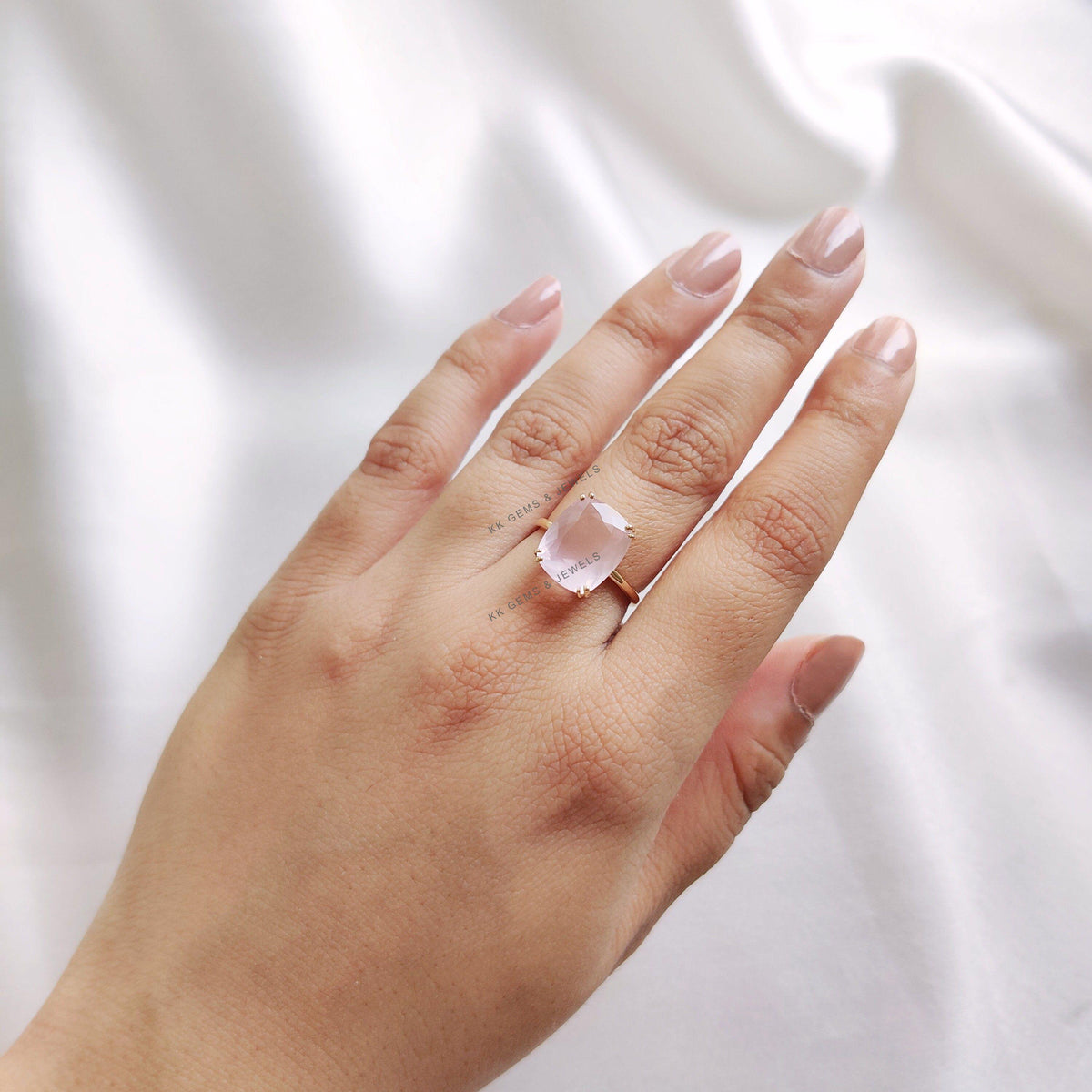 Natural Rose Quartz Ring, 14K Solid Yellow Gold, Cushion Cut Gemstone