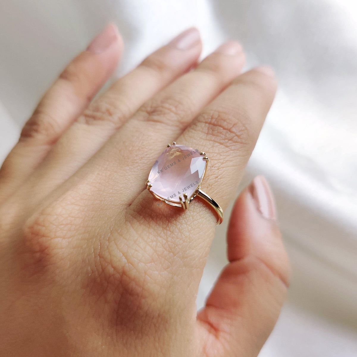 Natural Rose Quartz Ring, 14K Solid Yellow Gold, Cushion Cut Gemstone
