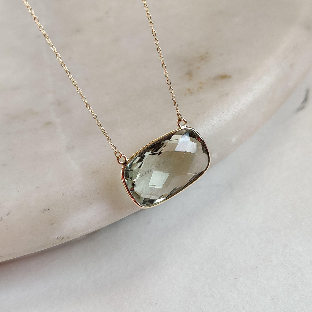 Natural Green Amethyst 14K Solid Yellow Gold Chain Necklace, February Birthstone