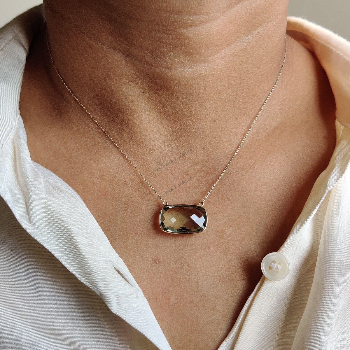 Natural Green Amethyst 14K Solid Yellow Gold Chain Necklace, February Birthstone