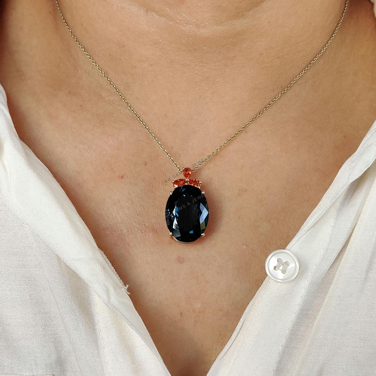 14K Solid Gold Natural London Blue Topaz & Orange Sapphire Pendant, Christmas Present