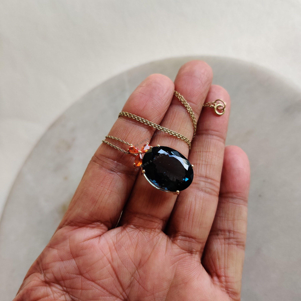 14K Solid Gold Natural London Blue Topaz & Orange Sapphire Pendant, Christmas Present