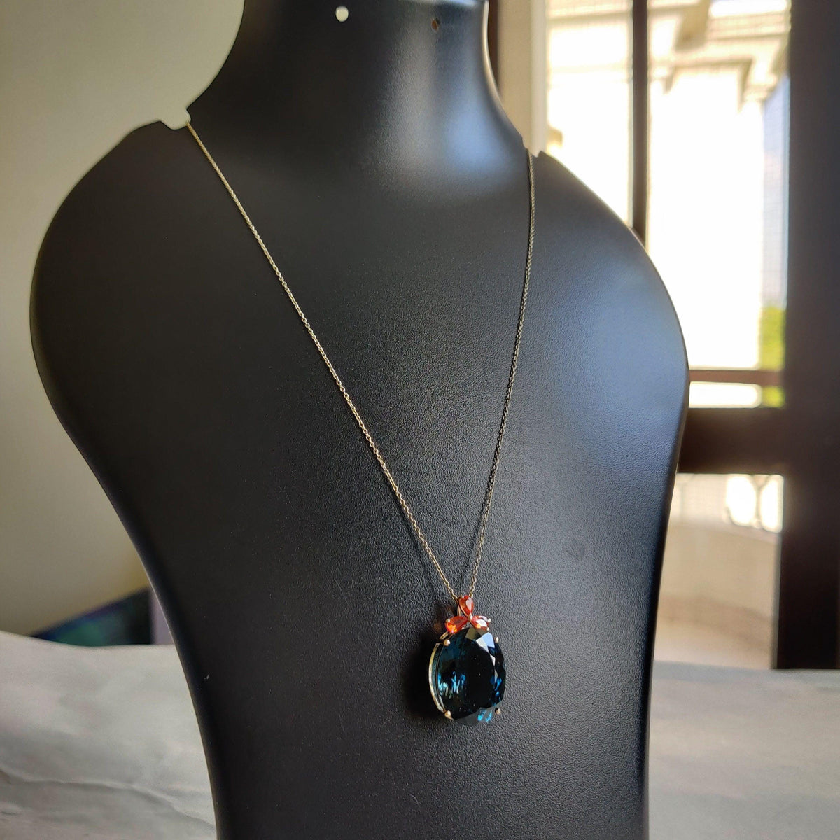 14K Solid Gold Natural London Blue Topaz & Orange Sapphire Pendant, Christmas Present