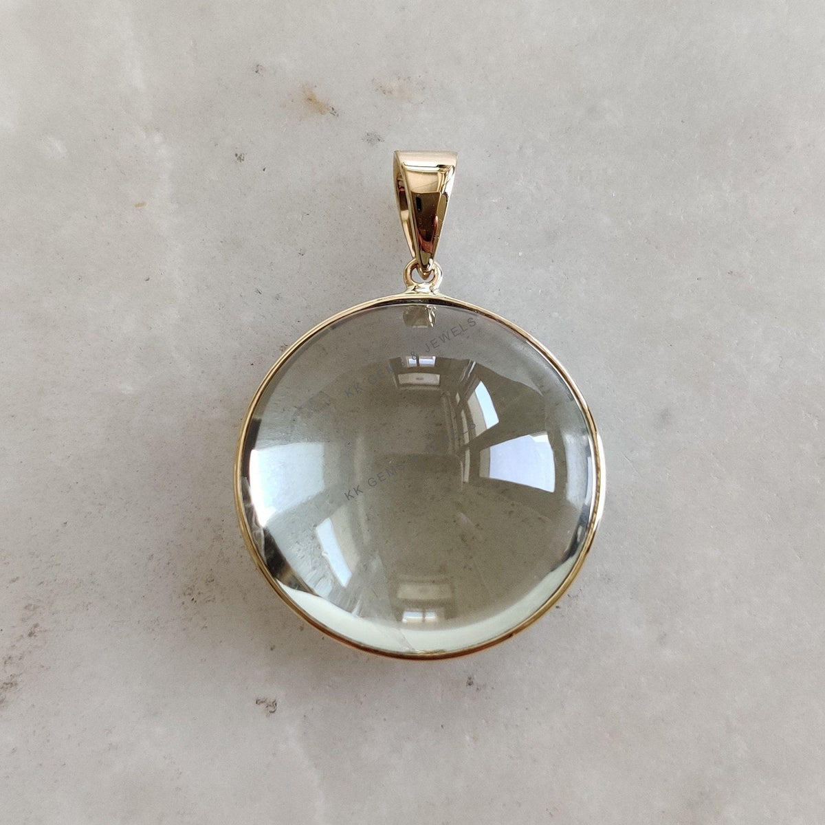 Natural Green Amethyst Pendant: 14K Solid Yellow Gold Round Bezel, February Birthstone