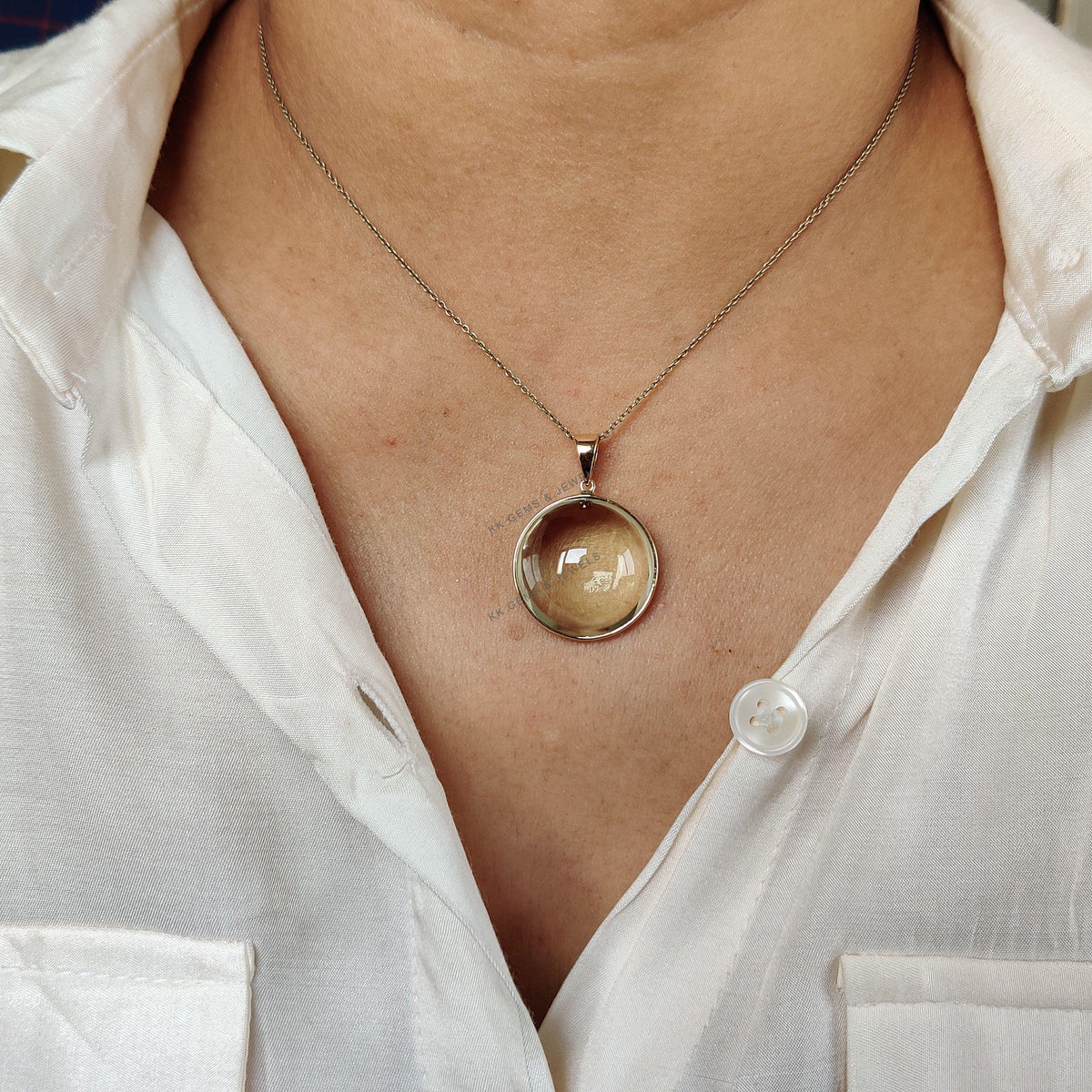Natural Green Amethyst Pendant: 14K Solid Yellow Gold Round Bezel, February Birthstone