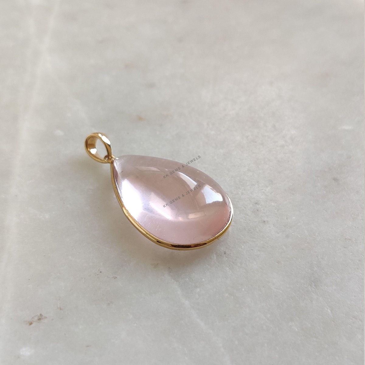 Natural Rose Quartz Pendant: 14K Solid Yellow Gold Pear Bezel Pendant, Christmas Present