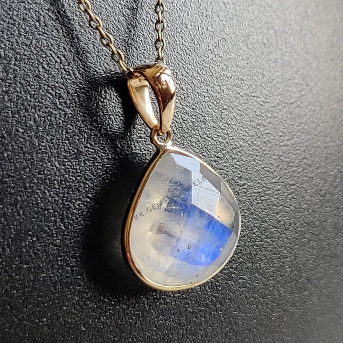 14K Solid Gold Natural Rainbow Moonstone Pendant - June Birthstone