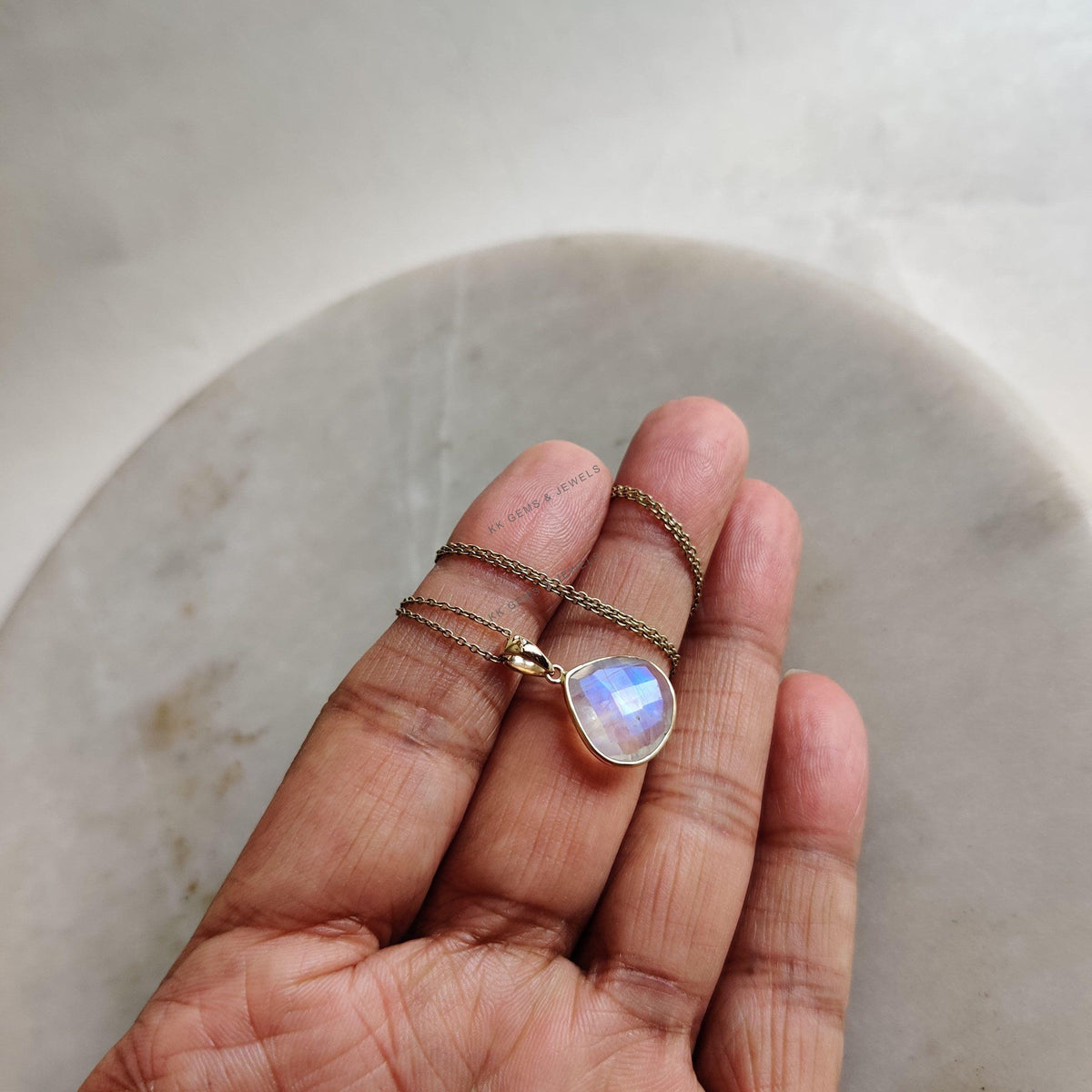 14K Solid Gold Natural Rainbow Moonstone Pendant - June Birthstone
