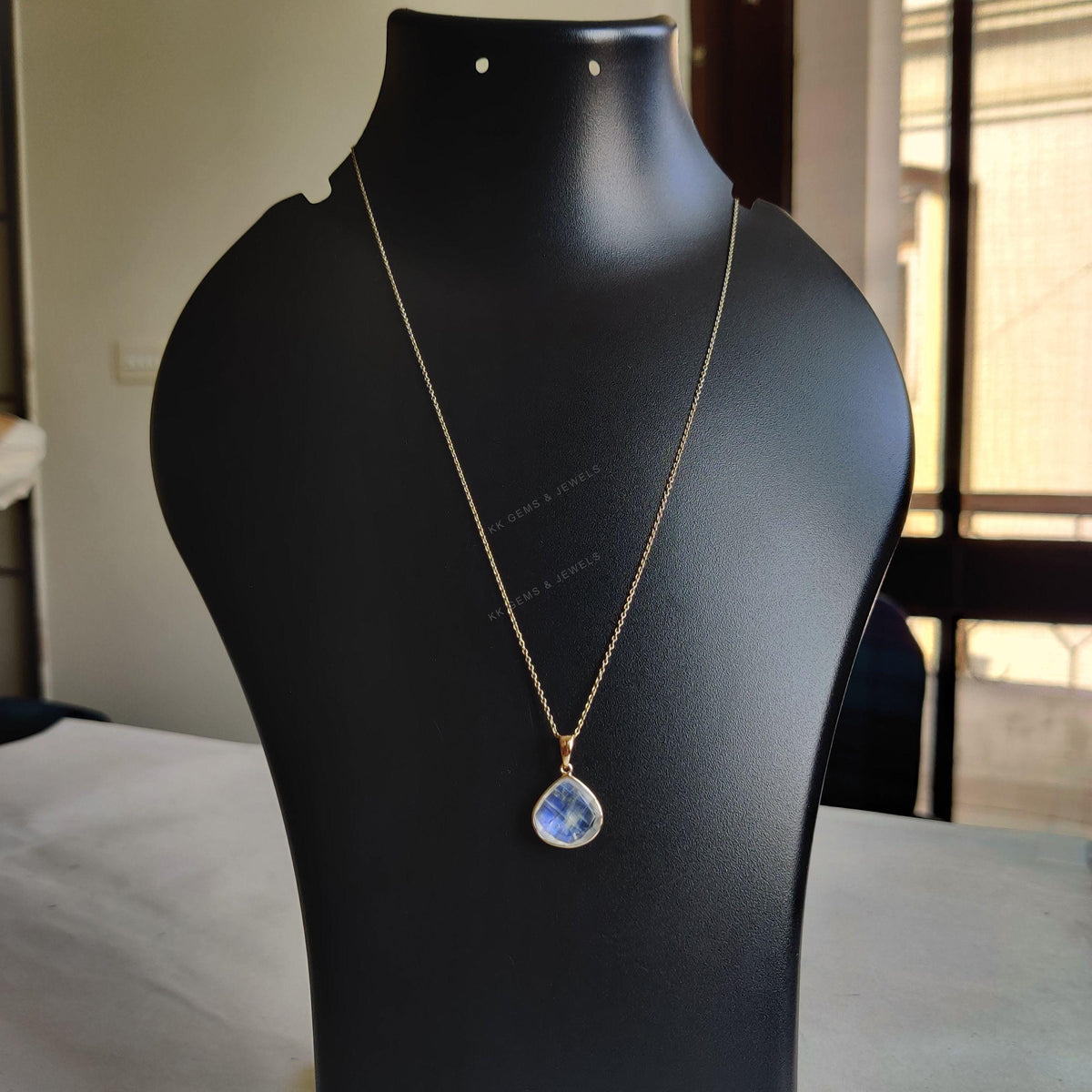 14K Solid Gold Natural Rainbow Moonstone Pendant - June Birthstone