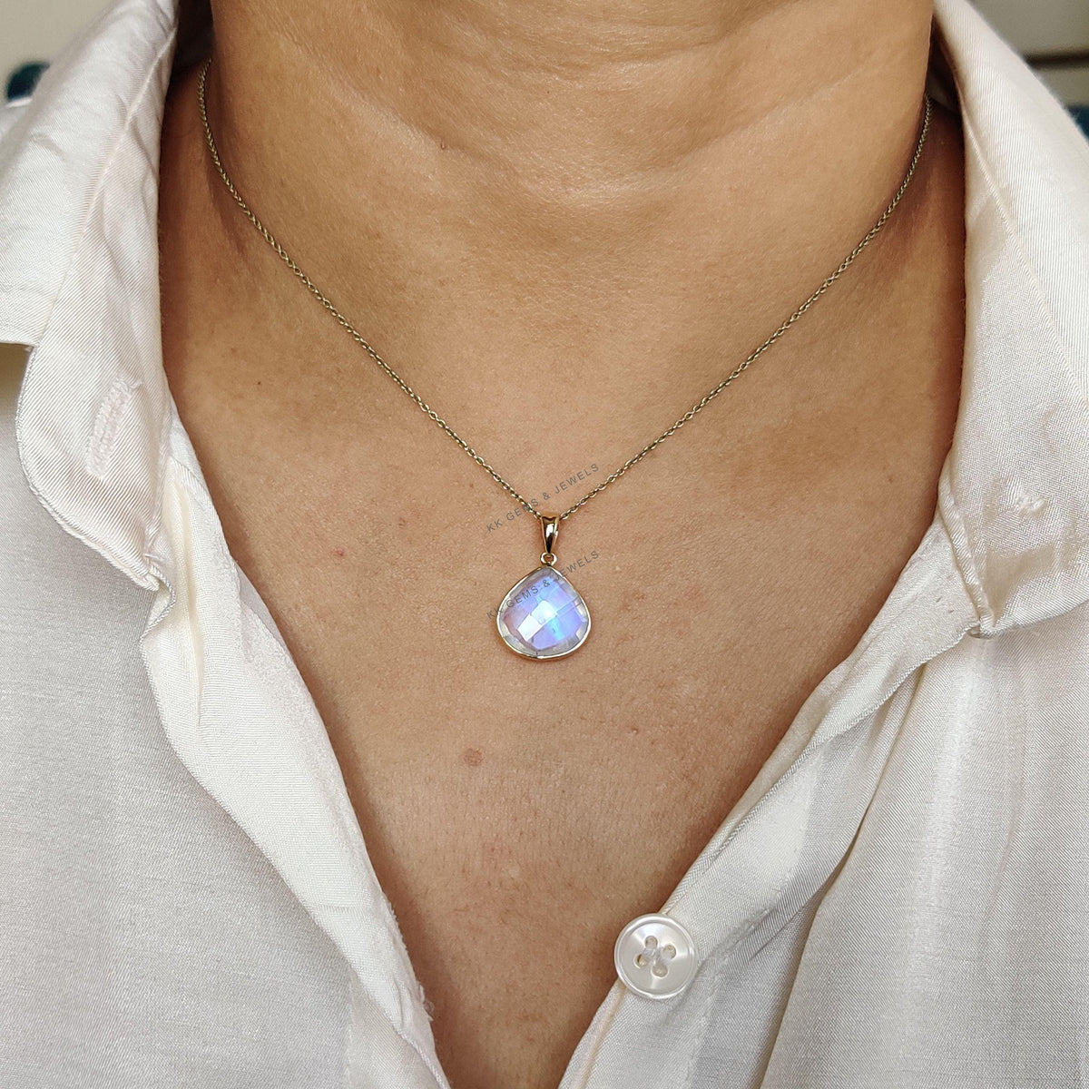 14K Solid Gold Natural Rainbow Moonstone Pendant - June Birthstone