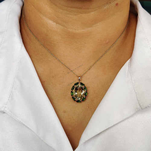 14K Solid Gold Natural Green Amethyst & Chrome Diopside Pendant, February Birthstone