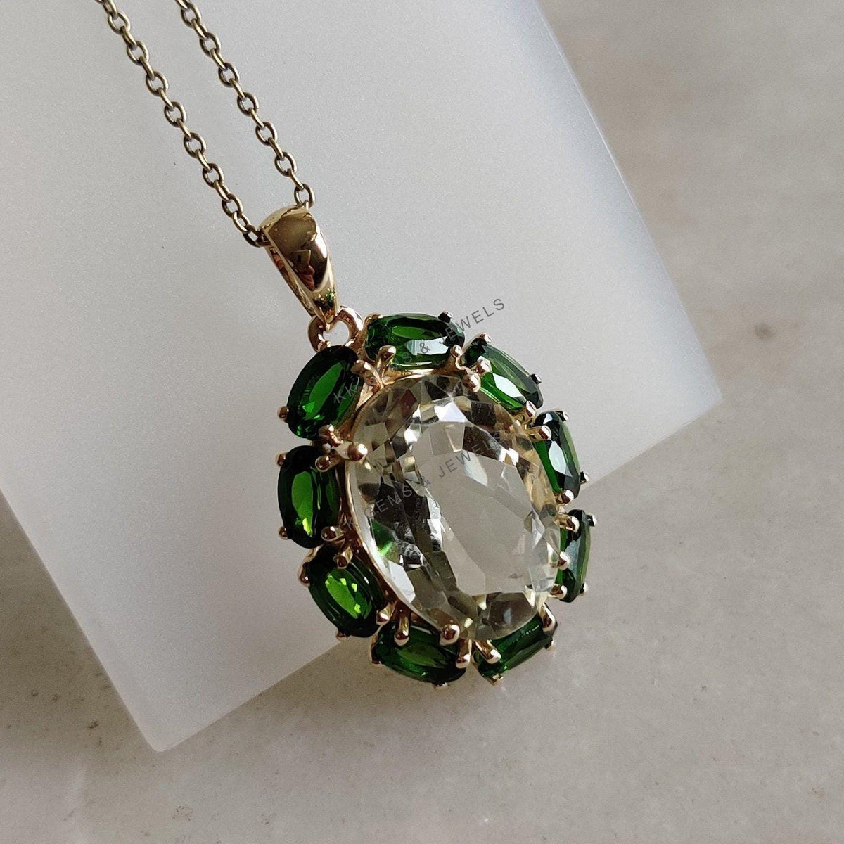 14K Solid Gold Natural Green Amethyst & Chrome Diopside Pendant, February Birthstone