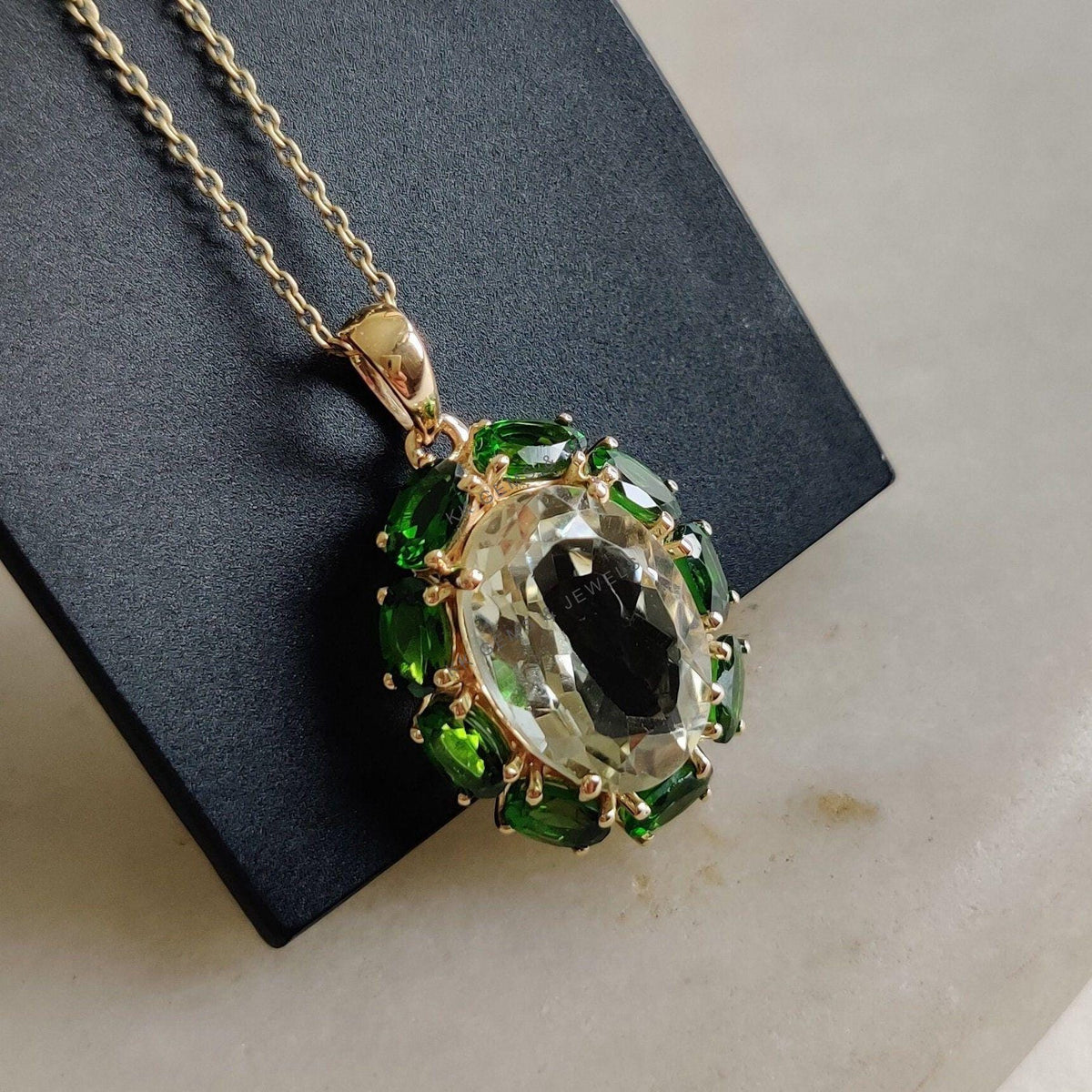 14K Solid Gold Natural Green Amethyst & Chrome Diopside Pendant, February Birthstone