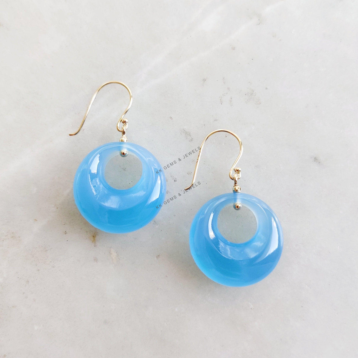 Natural Blue Chalcedony Donut Drill Earrings, 14K Solid Yellow Gold, March Birthstone