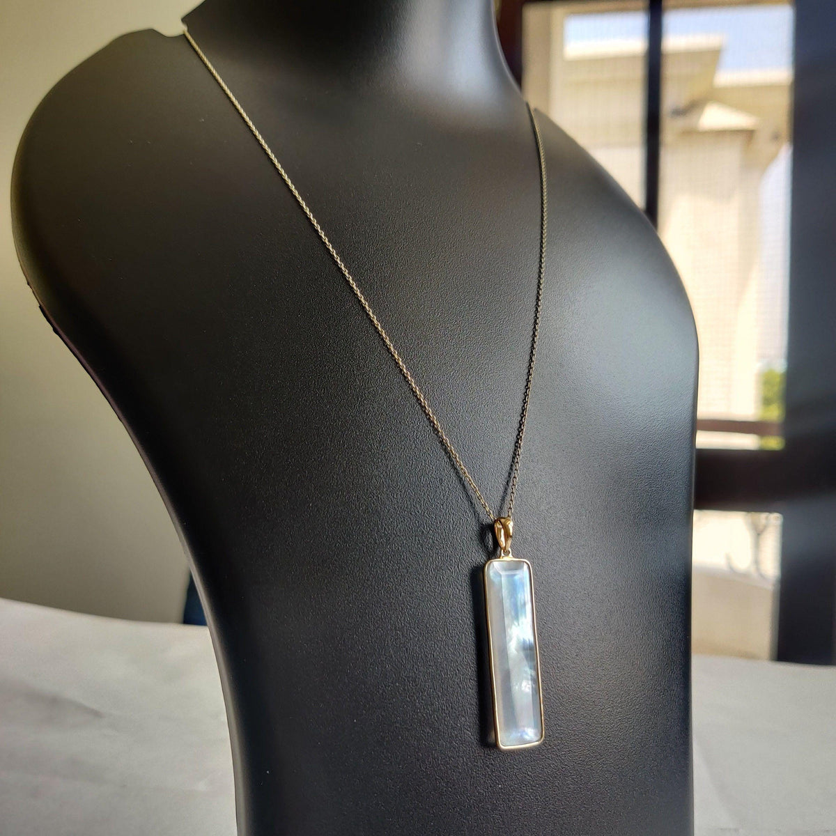 14K Solid Gold Natural Mother of Pearl Flat Cut Bezel Pendant, June Birthstone