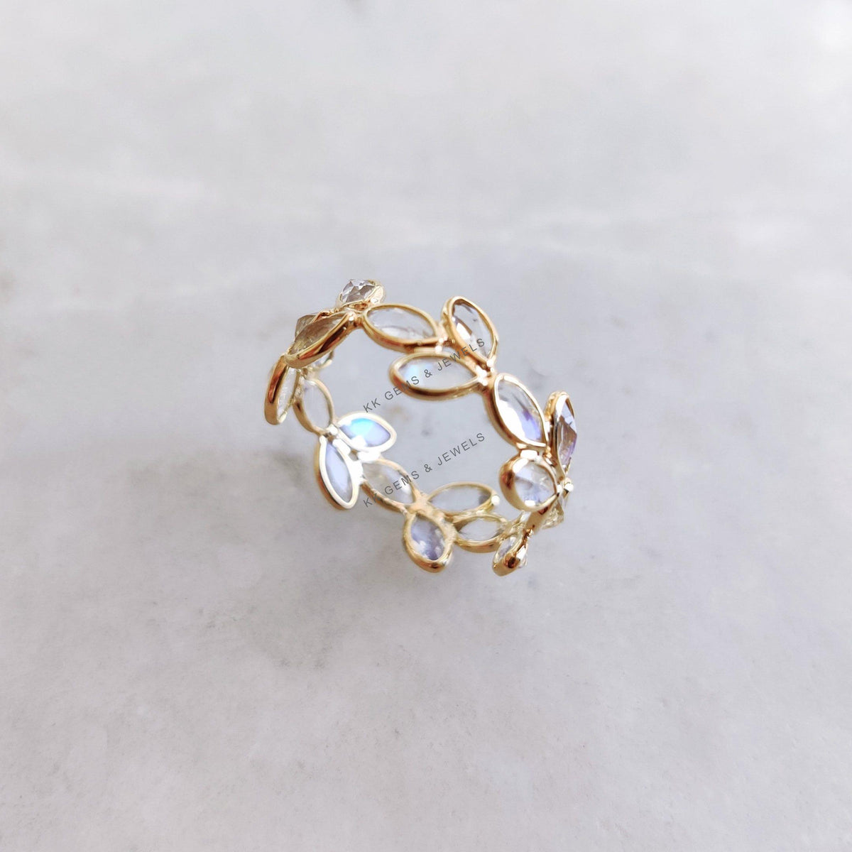 Natural Rainbow Moonstone Floral 14k Solid Gold Eternity Ring, June Birthstone