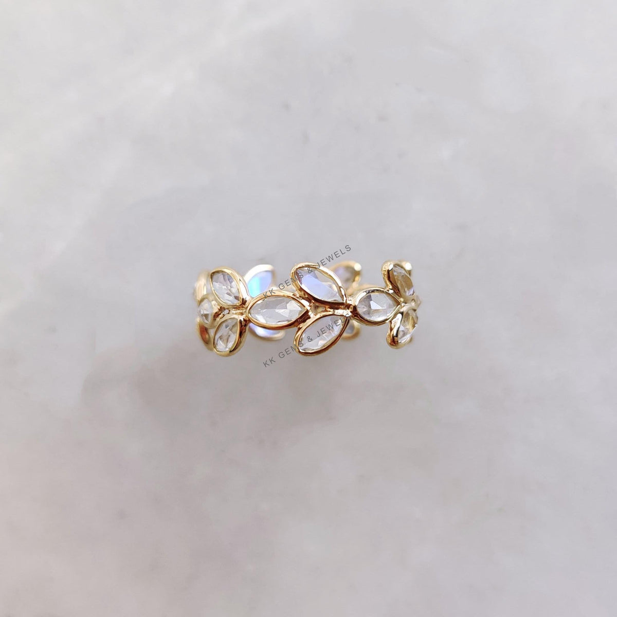 Natural Rainbow Moonstone Floral 14k Solid Gold Eternity Ring, June Birthstone