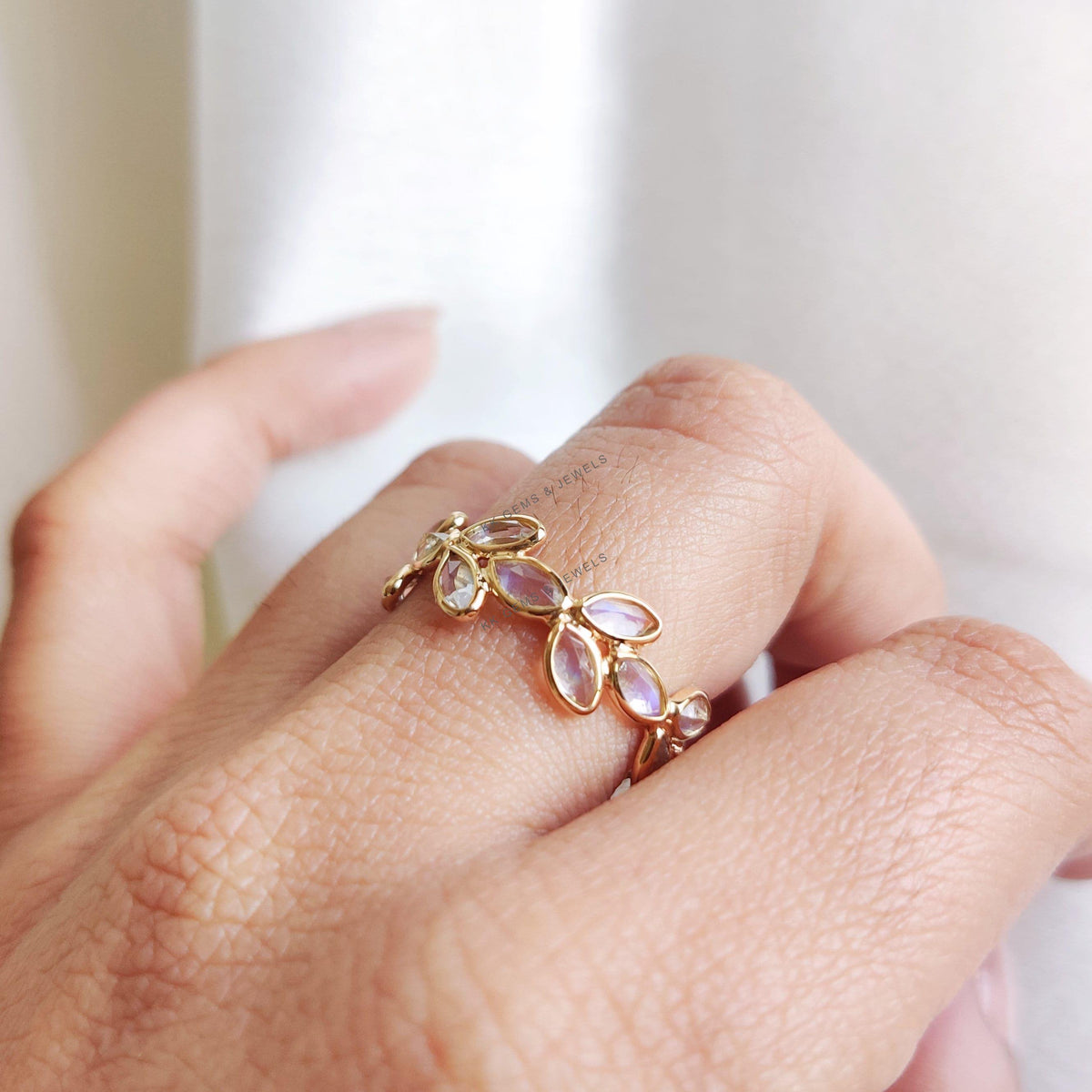 Natural Rainbow Moonstone Floral 14k Solid Gold Eternity Ring, June Birthstone
