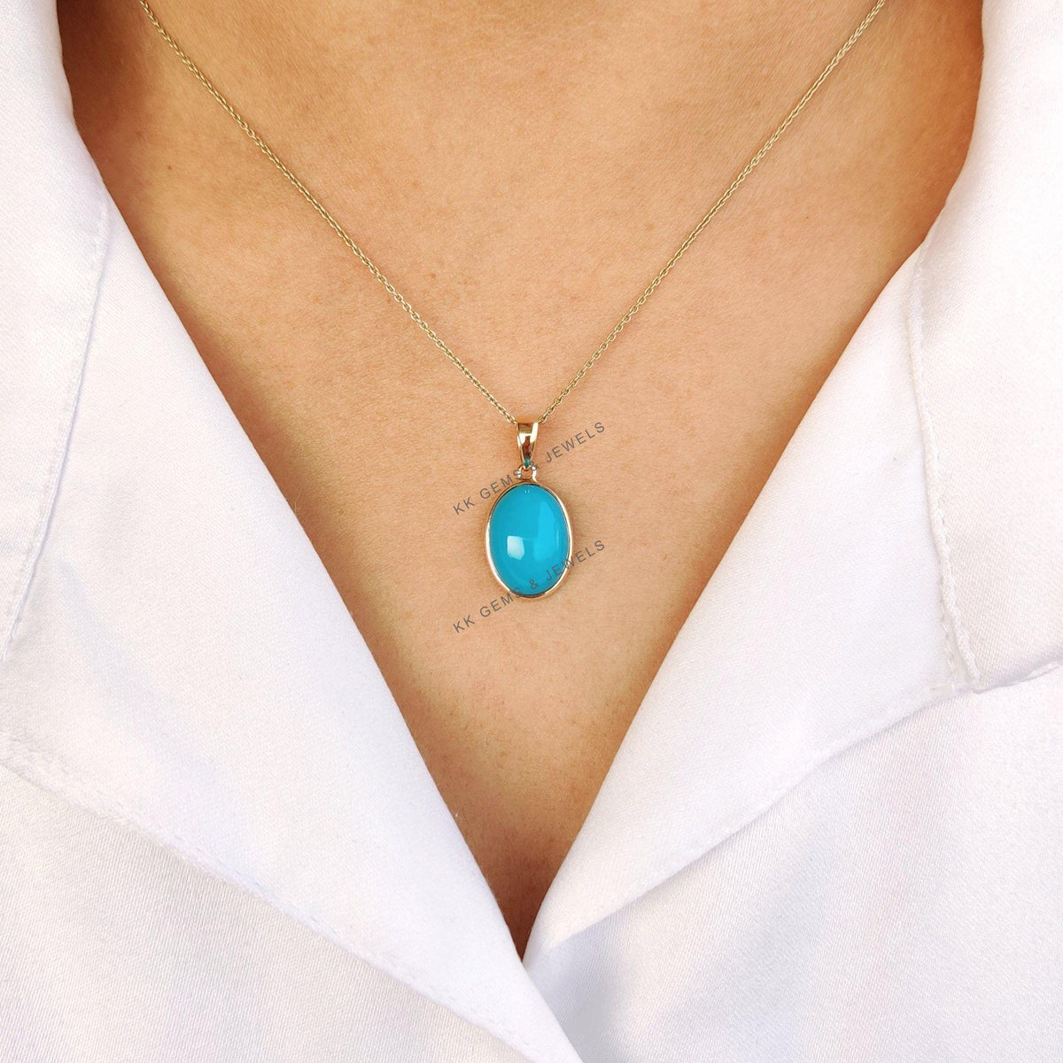 Natural Sleeping Beauty Turquoise Pendant: 14K Solid Yellow Gold, December Birthstone