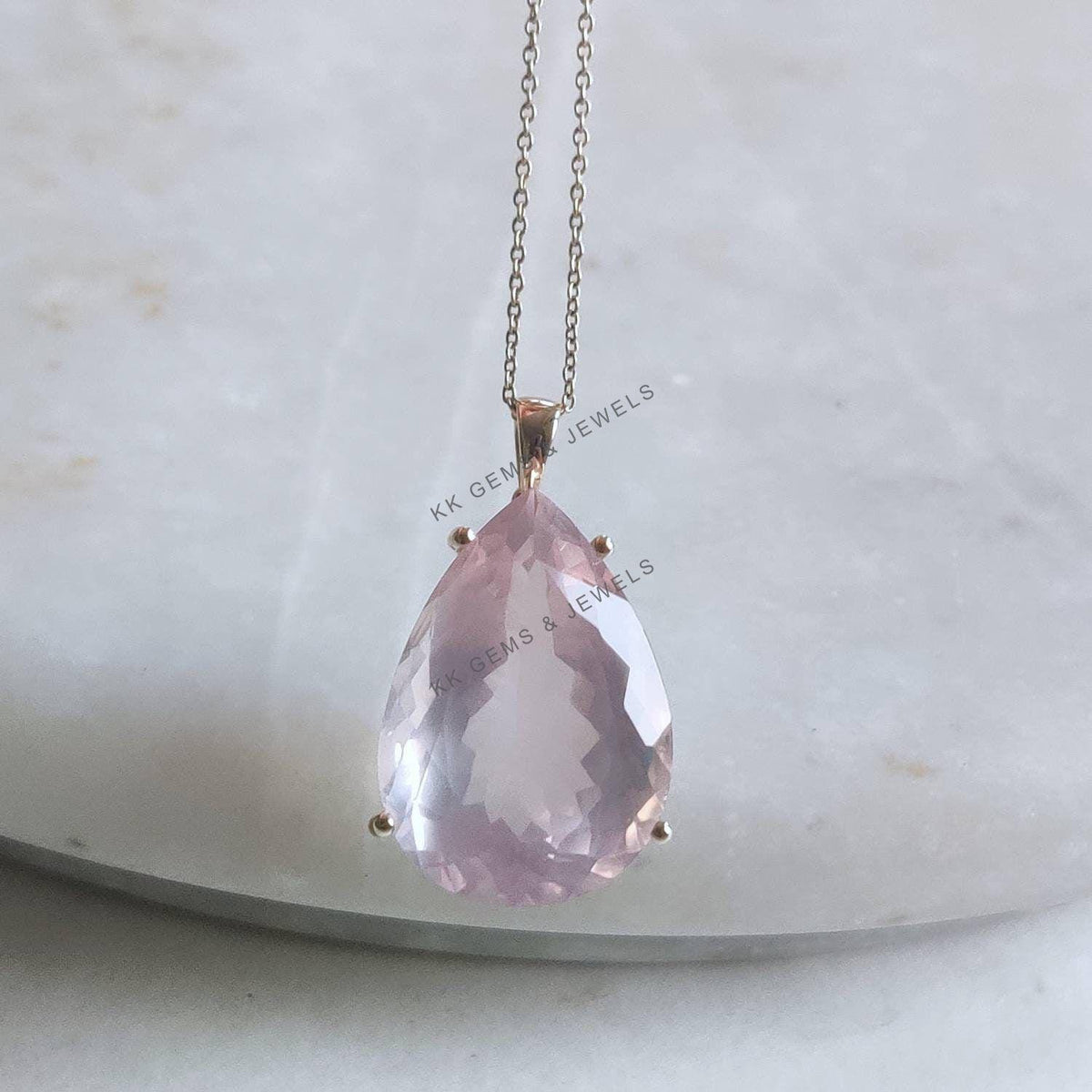 14K Solid Gold Pear Natural Rose Quartz Pendant, January Birthstone