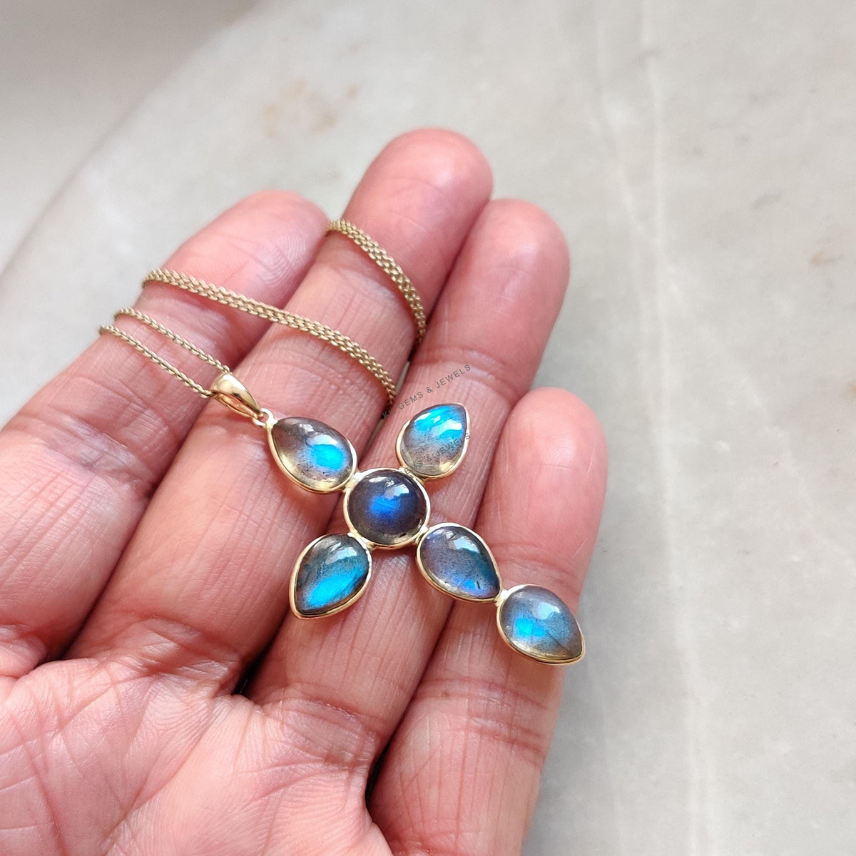 14K Solid Yellow Gold Natural Labradorite Cross Pendant, August Birthstone, Christmas Present