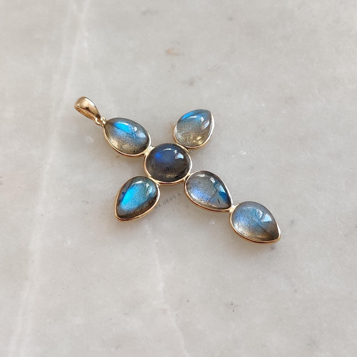 14K Solid Yellow Gold Natural Labradorite Cross Pendant, August Birthstone, Christmas Present