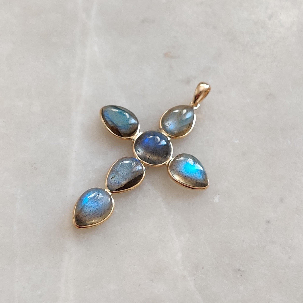 14K Solid Yellow Gold Natural Labradorite Cross Pendant, August Birthstone, Christmas Present