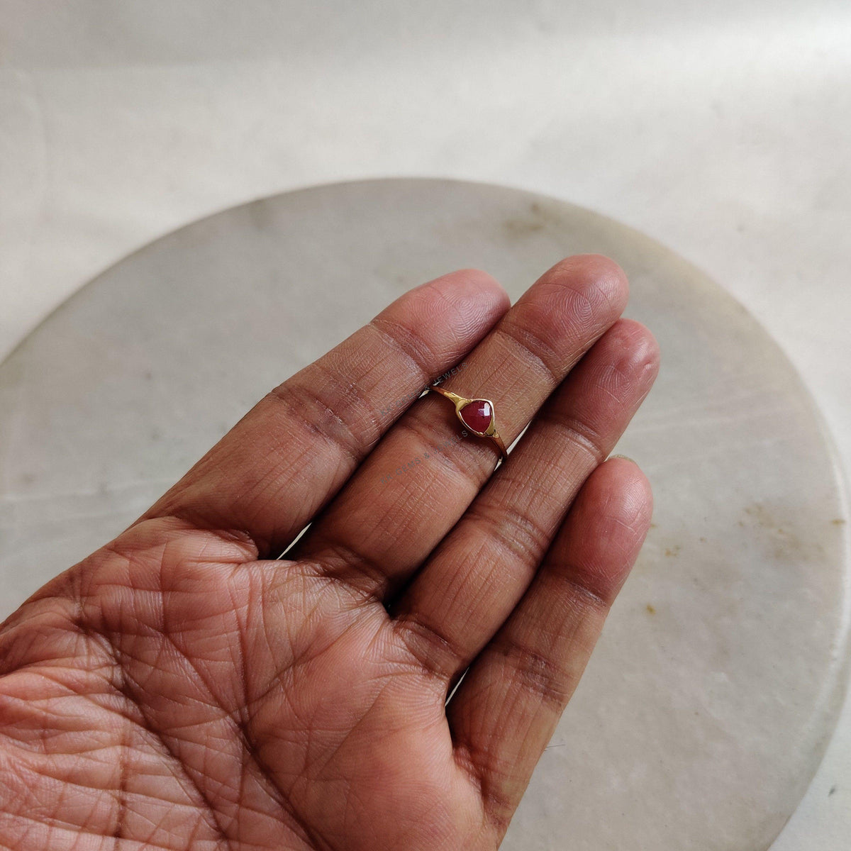 14K Solid Yellow Gold Natural Ruby Ring, Trillion Bezel, July Birthstone