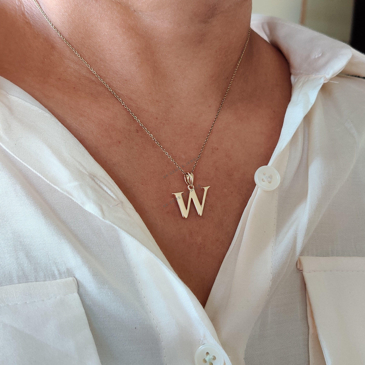 14K Solid Yellow Gold Initial W Pendant, Letter Pendant