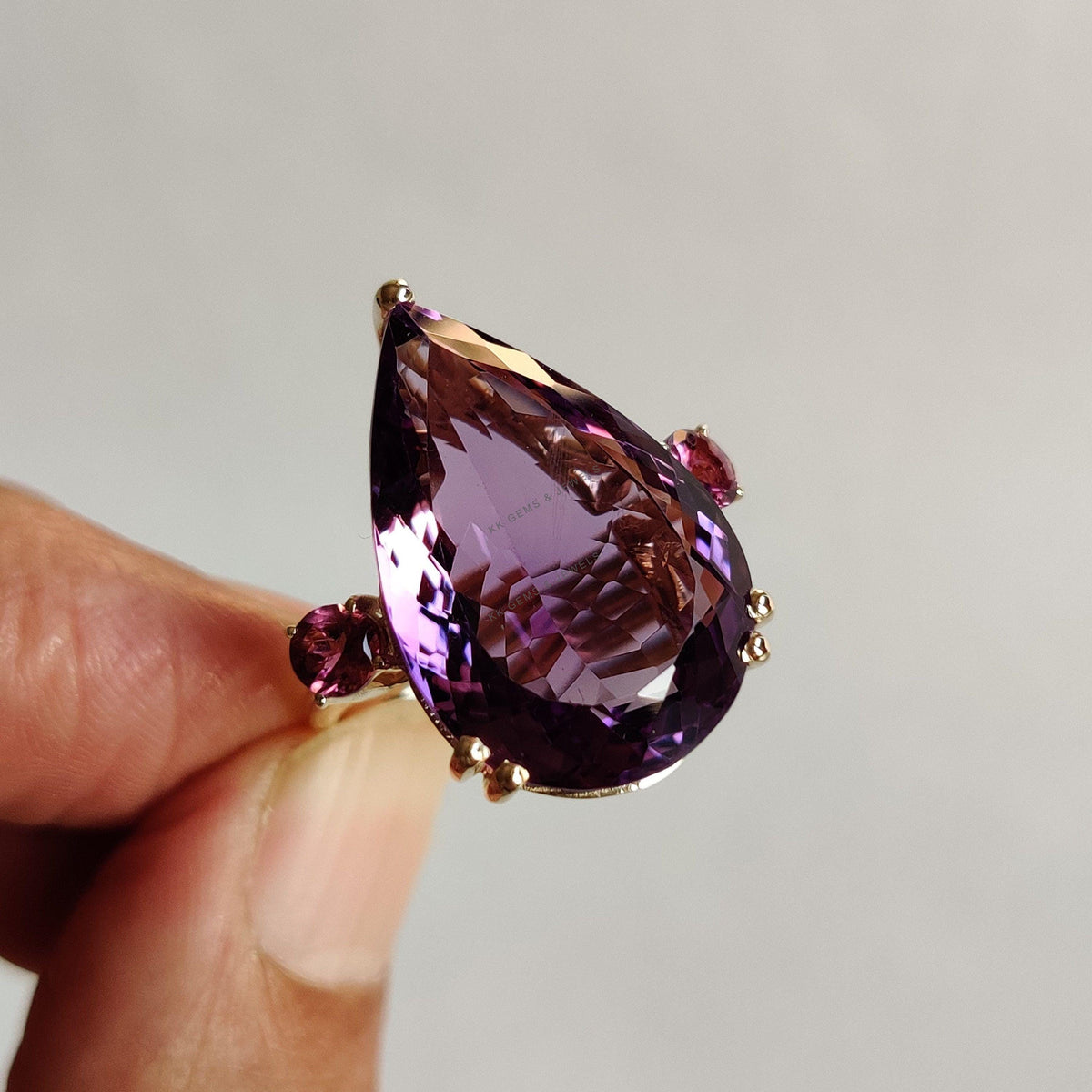 14K Solid Gold Pear Natural Purple Amethyst & Pink Tourmaline Ring, February Birthstone, Christmas Gift