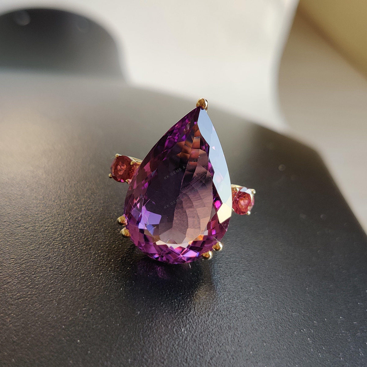 14K Solid Gold Pear Natural Purple Amethyst & Pink Tourmaline Ring, February Birthstone, Christmas Gift