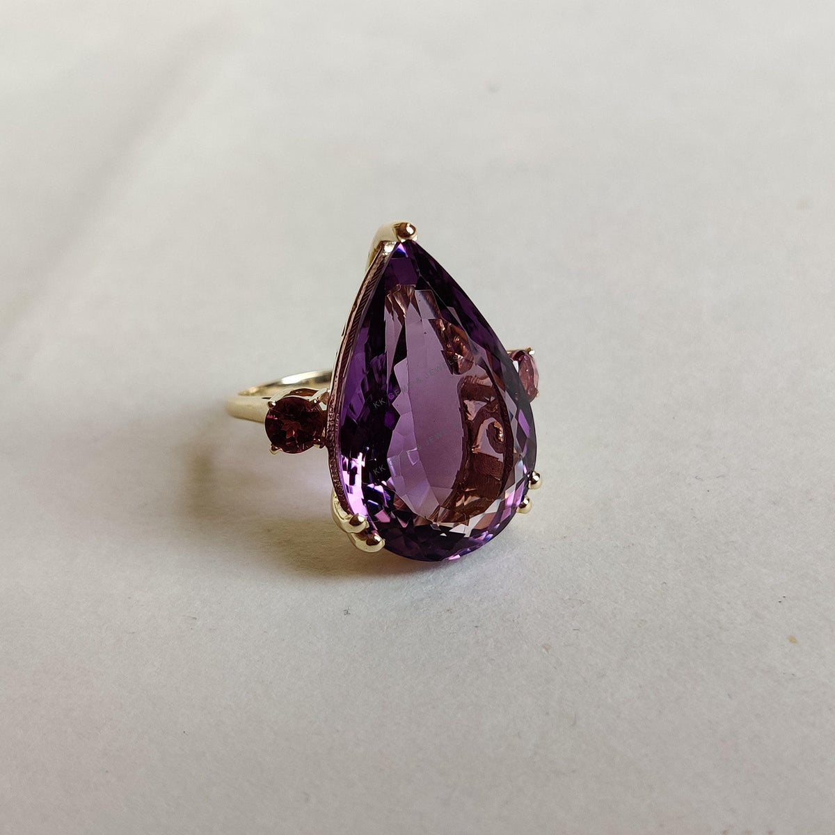14K Solid Gold Pear Natural Purple Amethyst & Pink Tourmaline Ring, February Birthstone, Christmas Gift