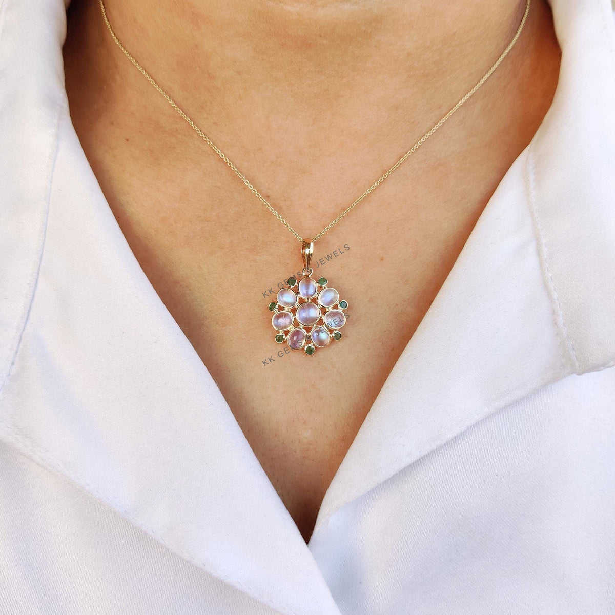 Natural Rainbow Moonstone & Emerald Pendant: 14K Solid Yellow Gold, June May Birthstone