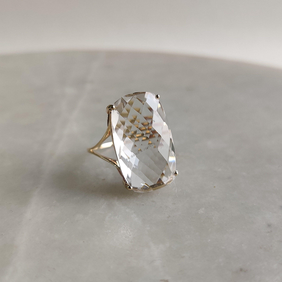 14K Solid Gold Natural Clear Quartz Ring, April Birthstone Jewelry