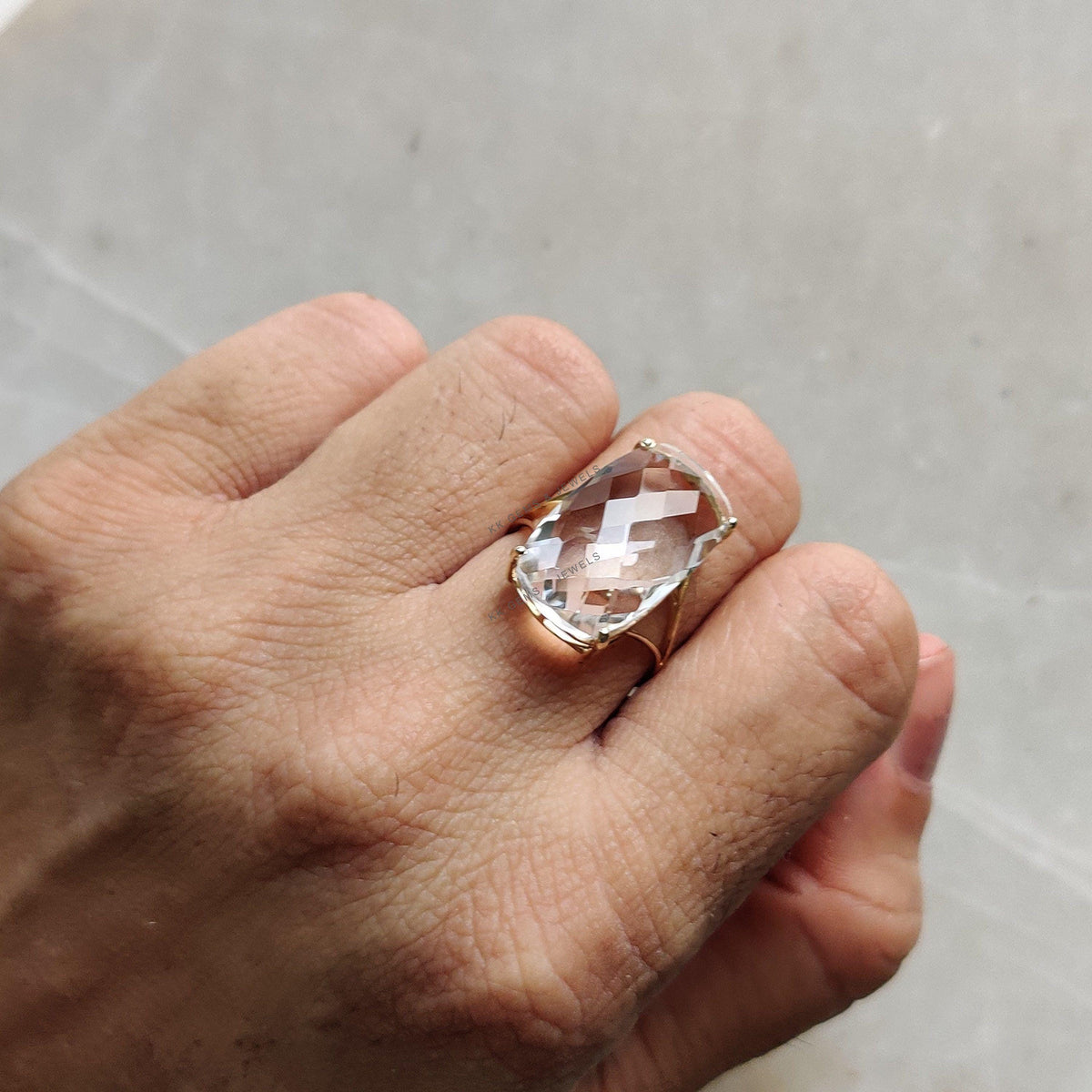 14K Solid Gold Natural Clear Quartz Ring, April Birthstone Jewelry