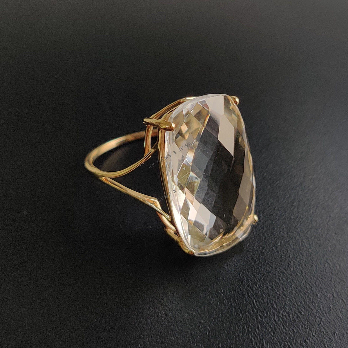 14K Solid Gold Natural Clear Quartz Ring, April Birthstone Jewelry
