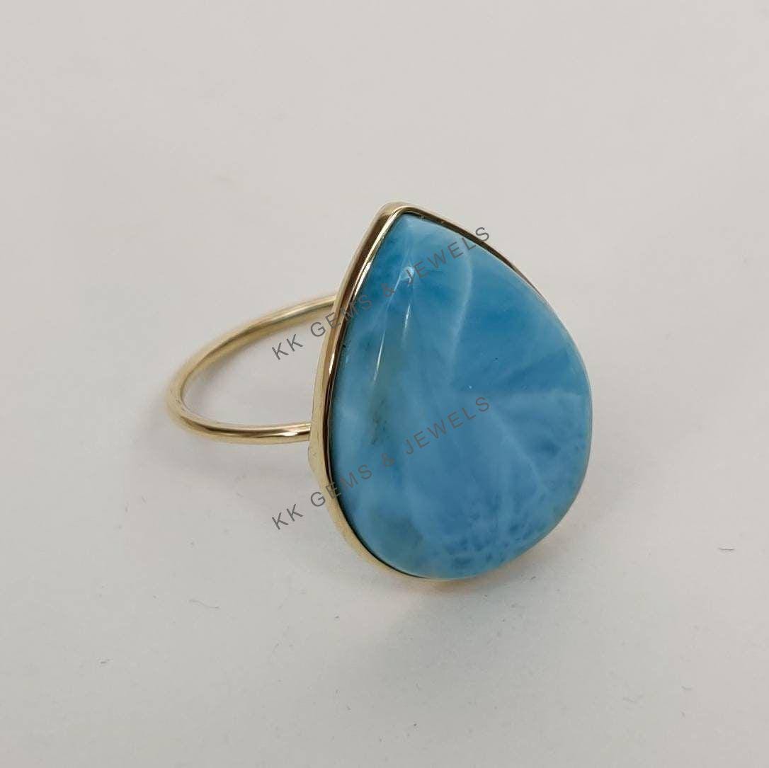 Natural Larimar Ring, 14K Solid Yellow Gold Bezel Ring, Pear Cabochon