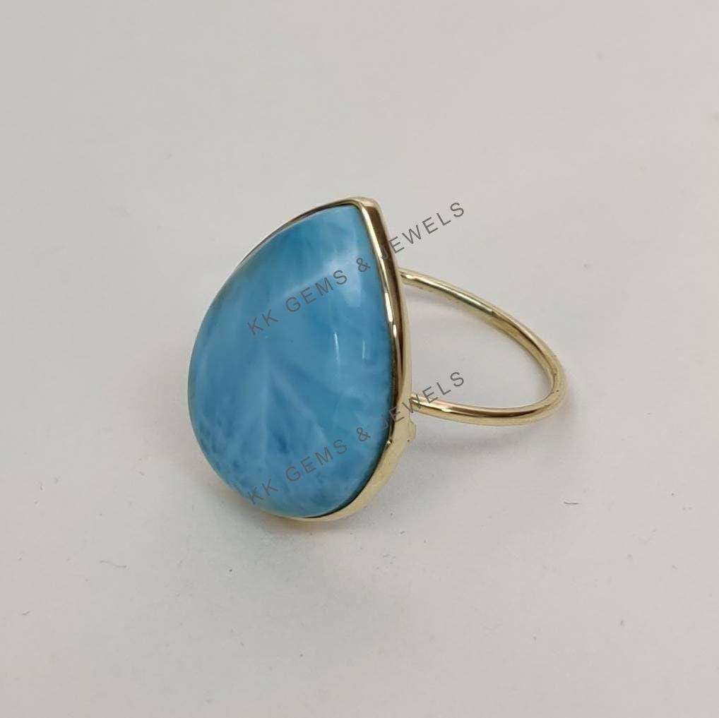 Natural Larimar Ring, 14K Solid Yellow Gold Bezel Ring, Pear Cabochon